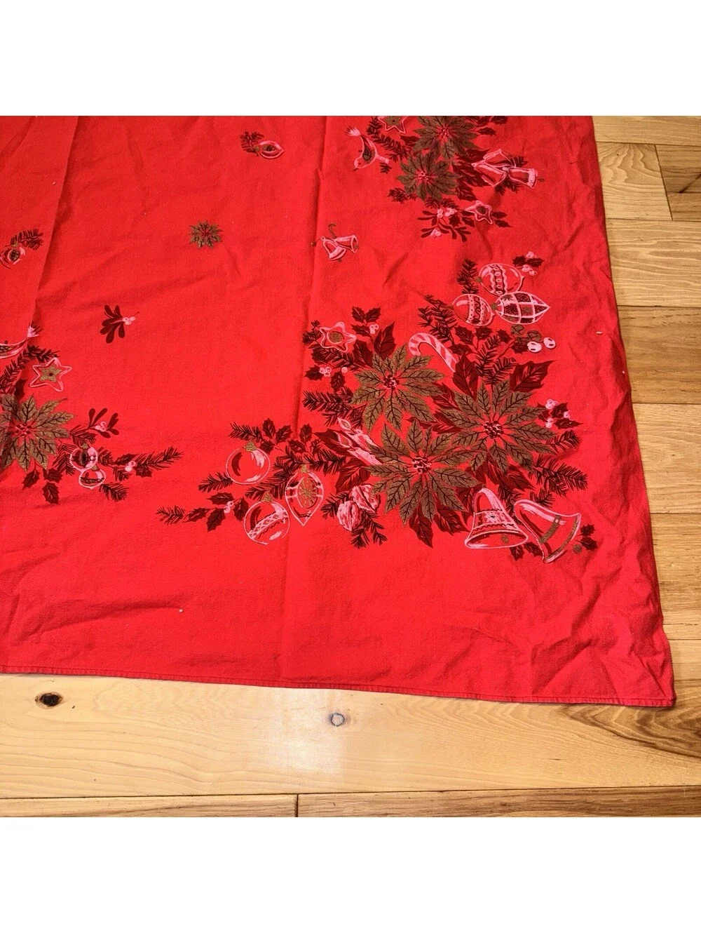 Vintage Red Christmas Tablecloth 76x50 Poinsettia Bells Ornaments Holiday Decor